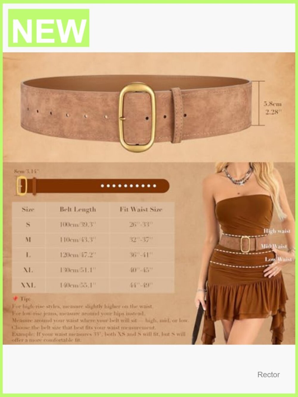 Wide Suede Waist Belt with Gold Buckle | Chunky Belt - Picture 6 of 7